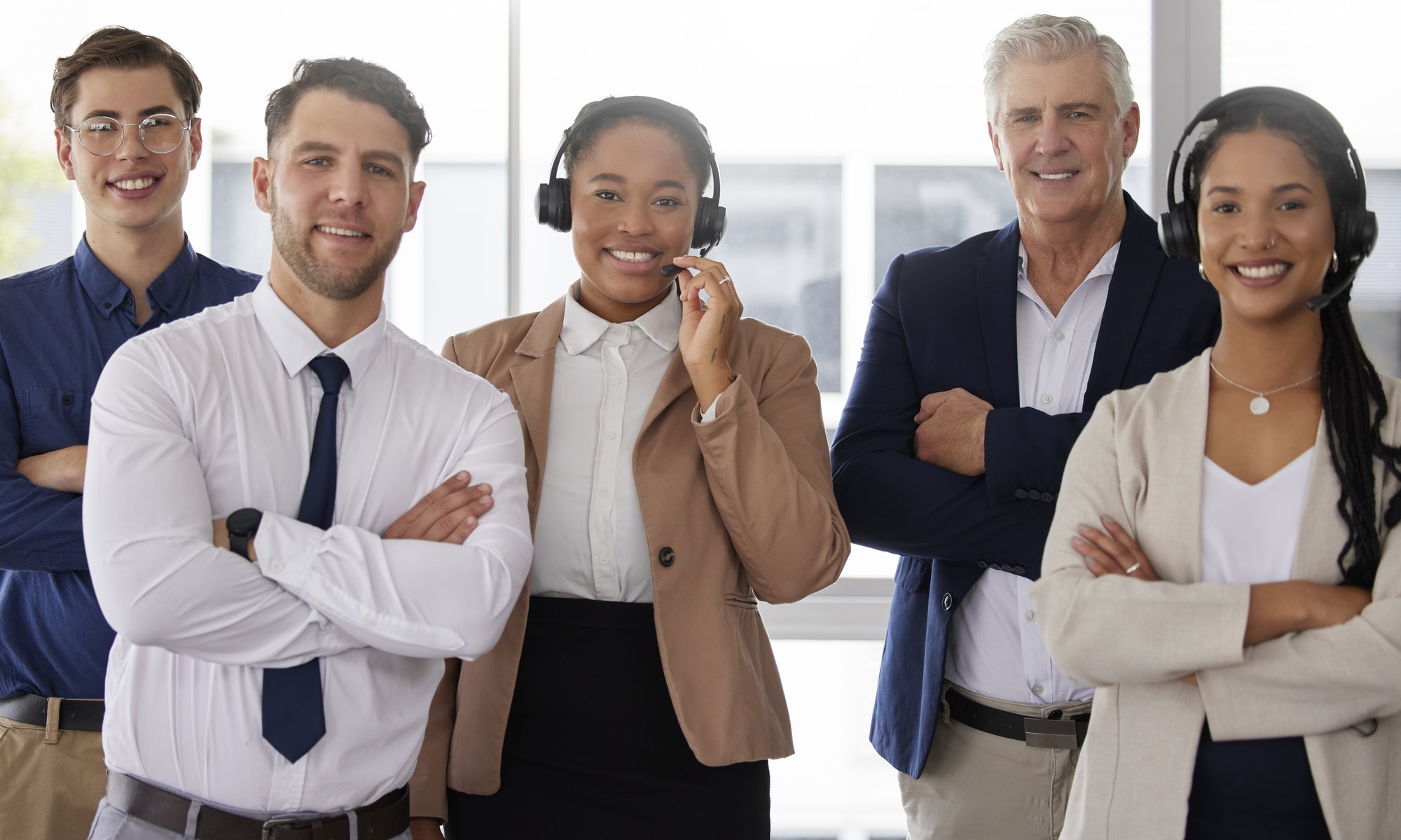 Group, call center and office portrait with diversity, team building and happiness with solidarity